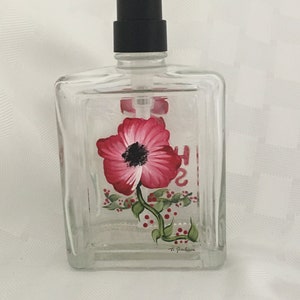 Red Flower Design/ Heavy Block Glass Style Liquid Hand Soap Dispenser -16 oz. capacity/ Gift-Hand painted - signed by Artist