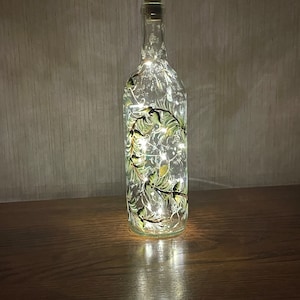 Winter Design/Holiday/Hand Painted-Battery operated Lighted Wine bottle. Kitchen decor/Night Light/Evening Dining Light/Signed.