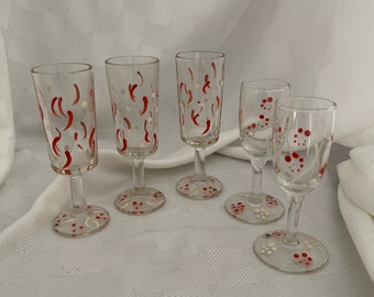 Aperitif glasses/Petite/Shot Glasses/Cordial Glasses/Bar/Bar Cart-Hand Painted FIVE GLASSES