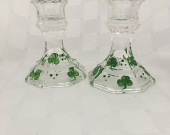 Shamrock design - pair of hand painted glass taper candle holders - Signed by Artist! (Candles sold separately).