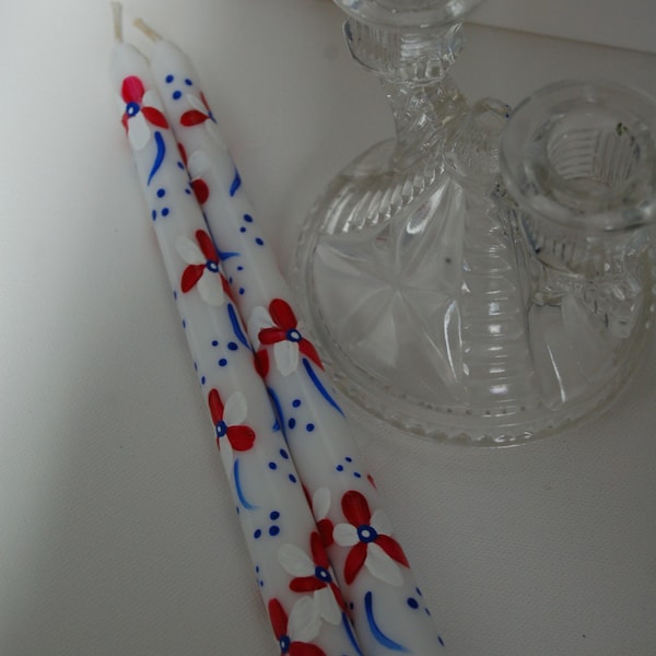 Red, White and Blue/Americana - Floral Design Pair of Taper Candles