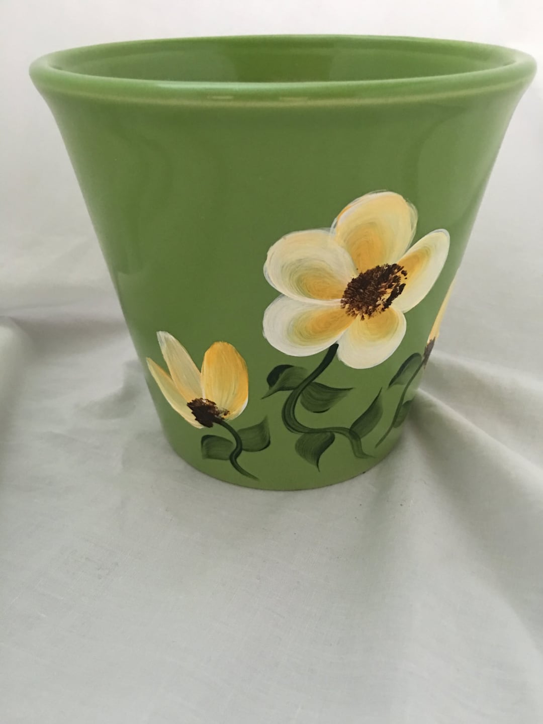 Flower Pot Green With Yellow and White Flowers Hand Painted - Etsy