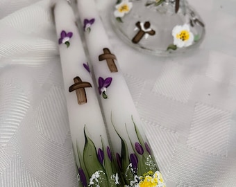 Easter Religious Cross Design Taper Candles Hand Painted  Pair/Easter Table Candles/Easter Decor/Unscented Candles