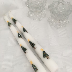Christmas-Winter-Holiday/Pretty Christmas Tree Design - Taper Candles-Hand Painted Pair