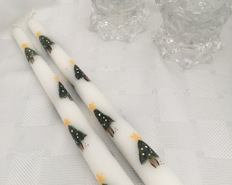 Christmas-Winter-Holiday/Pretty Christmas Tree Design - Taper Candles-Hand Painted Pair