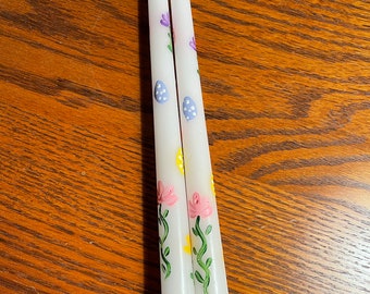 Colored Eggs and Spring Flowers Design - Fun Spring Hand Painted 10" taper candles (unscented)