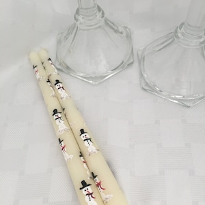 Winter-Holiday Fun Snowman Design - Ivory Taper Candles-Hand Painted Pair