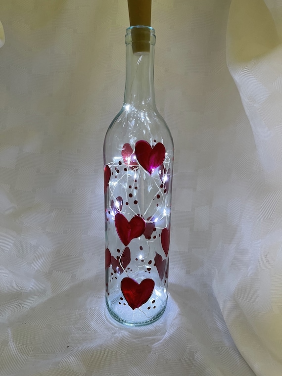 Heart Design Hand Painted Wine Bottle with Lights Tablescape Decor Home Decor Night Light Outdoor Dining Great Bridal Shower Wedding gift