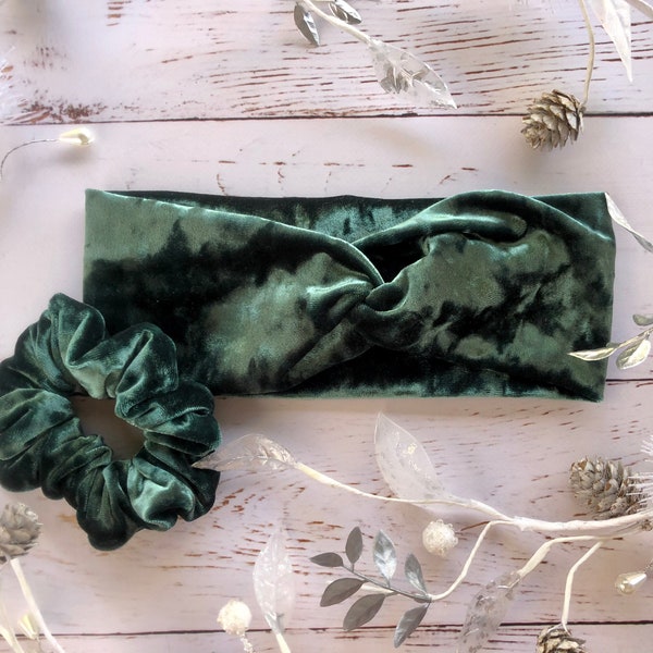 Pine Green Velvet Knotted Headband & Scrunchie