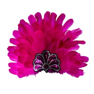 May include: A vibrant fuchsia feather headpiece with a decorative sequined appliqué. The headpiece features a fan-like arrangement of feathers, creating a full, textured look. The appliqué is black with silver and fuchsia sequins.