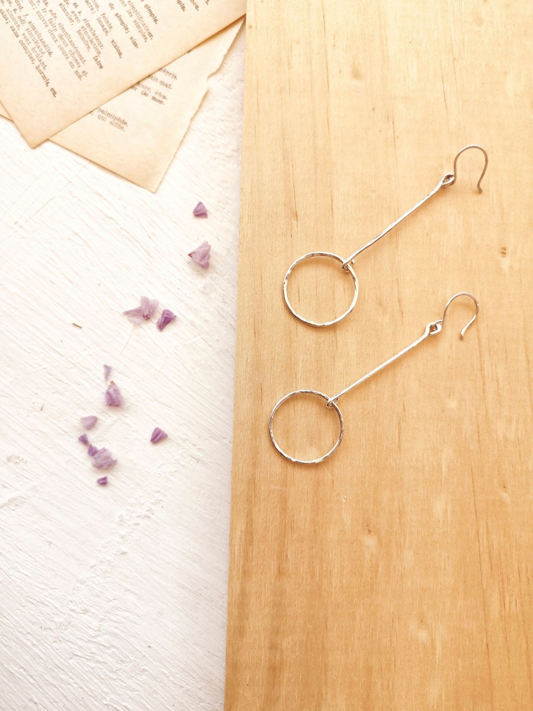 Hanging Circle Earrings, Hammered Silver Earrings, Lightweight Dangle, Geometric Drop