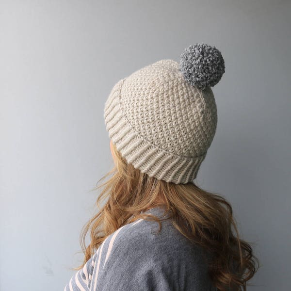 READY to SHIP - Wool & Acrylic Hat / Big Yarn Pom Pom / Slouchy Beanie / Linen-Oxford Grey "Moss Hat"