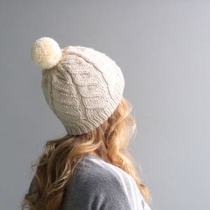 READY to SHIP - Wool & Acrylic Hat / Big Yarn Pom Pom / Slouchy Beanie / Taupe, Off-White, Cream &quot;Fiona Hat&quot; with Cream Pom