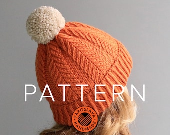 MUSTERLISTE - Farn Mütze - Slouchy Beanie / Haube / Twist / großer Bommel / Zopfmuster / PDF Strickmütze Muster / Strickanleitung