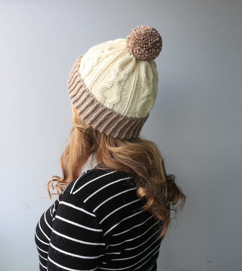 Wool /& Acrylic Hat Big Yarn Pom Pom Slouchy Beanie White-Taupe XOXO Hat READY to SHIP