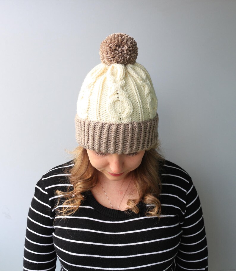 Wool /& Acrylic Hat Big Yarn Pom Pom Slouchy Beanie White-Taupe XOXO Hat READY to SHIP
