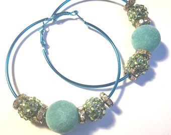 Blue Hoops, Fuzzy Blue Beads, Green Accent Beads