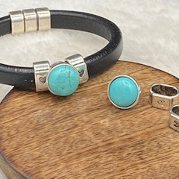 July - New Zamak 3Pc Spacer Bead Set For 10x6mm Licorice Leather - Turquoise Howlite - Ant Silver - Z6786 - Qty 1 Set