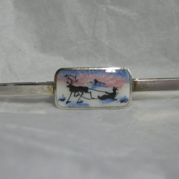 Vintage AKSEL HOLMSEN Enameled Tie Bar; Reindeer, Sleigh, and Passenger, Out for a Stroll on the Tundra . . .