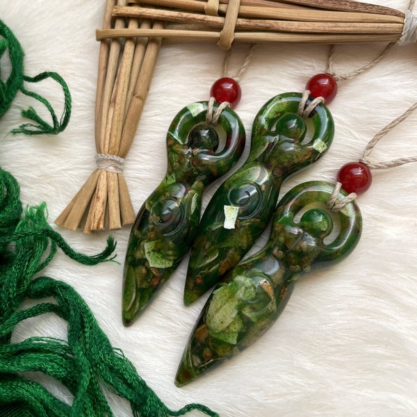 Brigid’s Blessing - Goddess Saint Prayer Affirmation Goddess Resin Pendant on Hemp Cord with Red Agate Bead