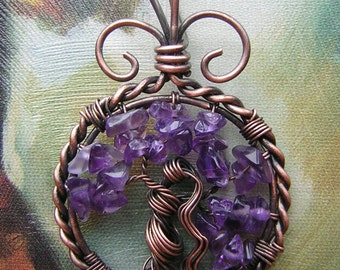 Small Amethyst Goddess Tree of Life Wire Wrapped Pendant Jewelry