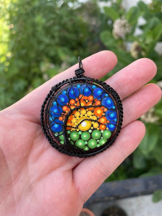 Hand-Painted Mandala Sunset Tree of Life Wire Wrapped Pendant Jewelry
