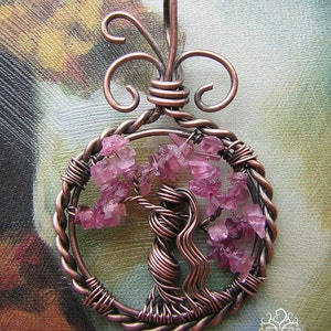 Small Pink Tourmaline Goddess Tree of Life Wire Wrapped Pendant Jewelry image 1