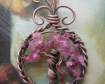 Small Pink Tourmaline Goddess Tree of Life Wire Wrapped Pendant Jewelry