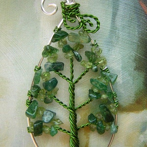 Leaf Tree of Life Wire Wrapped Pendant Jewelry Aventurine and Peridot