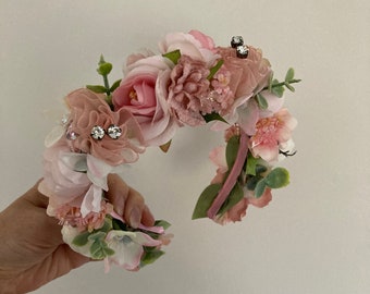 Pink Alice Band, Silk Flowers,Diamanté,Flower Headband,Hair Dec,Boho Flowers,Vintage Hair Dec,Flowergirl Hair Dec,Bridesmaids Flowers