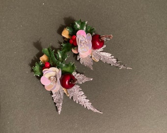 Seasonal hair clips,pair winter small clips,christmas cones ,gems hair decs,girls clips,xmas hair clips,gifts for girls