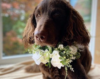 Dog Flower Garland,silk Flower Wedding Collar, white Ribbon sash Neck Accessory, ceremony collar,floral pet collar