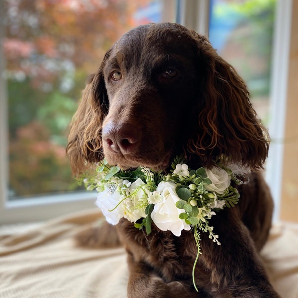 Dog Flower Garland,silk Flower Wedding Collar, white Ribbon sash Neck Accessory, ceremony collar,floral pet collar