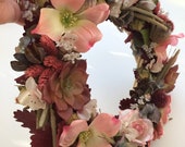 Wreath for indoors,silk and dried flowers, pink and burgundy ,a garland of silk flowers, wall hanging decoration ,rustic wreath ,preserved