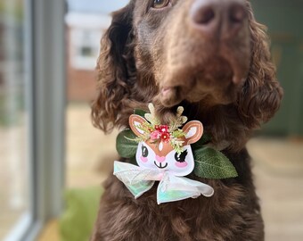Collier de chien corsage de fleurs, collier de renne, cadeau de Noël pour amoureux des chiens, portrait photo de Noël pour animal de compagnie, accessoires de collier prêts à porter