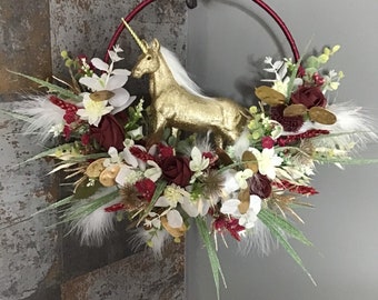 Unicorn hoop,whimsical wedding keepsake,boho bride accessories,ceremony flowers,gold burgundy faux garland,fairy princess hoop,flowergirl