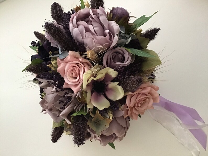 mauve lilac Dried and silk combination antique pink silk flowers dried grasses bouquet boho bride flowers vintage wedding style