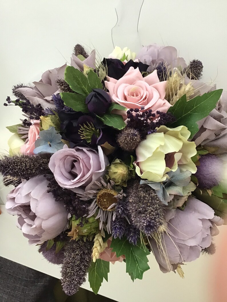mauve lilac Dried and silk combination antique pink silk flowers dried grasses bouquet boho bride flowers vintage wedding style