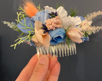 Flower Comb ,Wedding Hair Flowers ,Floral Comb blue peach Flowers, Brides Hair Accessories,Hair Decoration,Party Hair Flowers