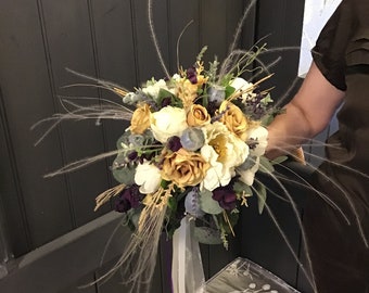 Silk Flower Wedding Bouquet,Rich Gold,Plum ,Eucalyptus Faux Foliage,Opulent Jewel Blooms,Vintage Bouquet ,Dramatic Bouquet ,Bridal Flowers