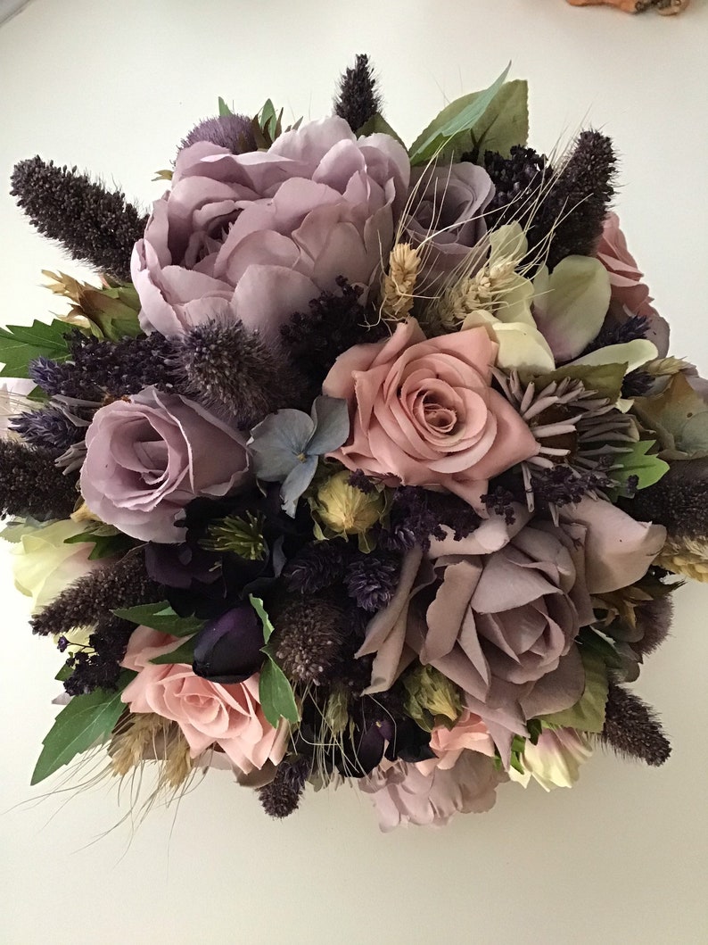 mauve lilac Dried and silk combination antique pink silk flowers dried grasses bouquet boho bride flowers vintage wedding style