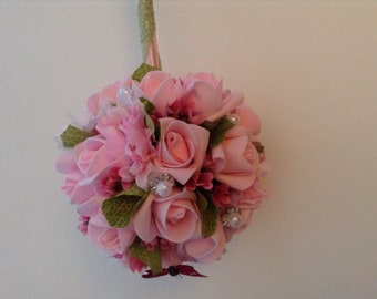 Bridesmaid flower wand, Flower ball,Kissing Ball,Pomander,Bridesmaid Bouquet,pink roses Wedding Flowers,