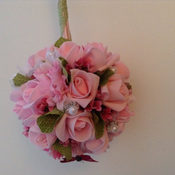 Bridesmaid flower wand, Flower ball,Kissing Ball,Pomander,Bridesmaid Bouquet,pink roses Wedding Flowers,