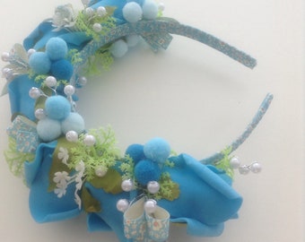 Blue Rose and Pom Pom Headband,Foam Rose Alice Band,Flower Headband,Petrol Blue Roses and Pearls Hair Band