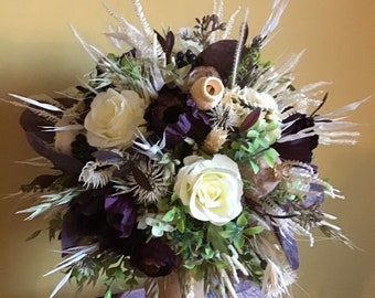 Silk and Dried Brides Bouquet,plum cream combination round everlasting posey floral bouquet,ceremony flowers,boho bride,rich purple wine dec