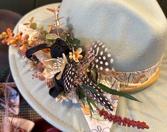 Hat Decoration in silk and dried flowers with a slim silk scarf hat band. Felt hat adornment race day or wedding ready, Pin on band