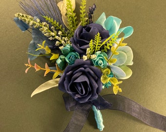 Silk Flower Corsage,Silk Prom Corsage,Blue Boutonnière ,Rustic Flower Lapel Pin, Mother of the Bride Corsage, Grooms Boutonnière