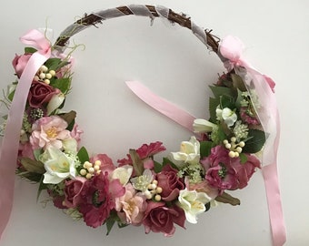 Brides hoop, Alternative Wedding Bouquet , Bridesmaids Flowers, Pink Wedding Flowers, Rustic Wedding Hoop, vine Ring ,Floral Wedding Wreath