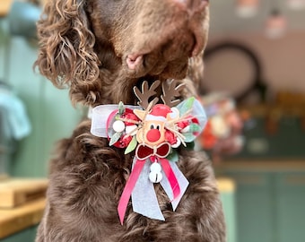 Corsage de fleurs de collier de chien, collier de Noël de renne, cadeau pour amoureux des chiens, portrait photo d'animal de compagnie, accessoires de collier prêts à porter