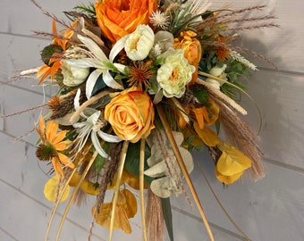 Boho citrus orange bouquet,vibrant botanical faux silk dried brides bouquet, burnt orange zesty green wedding flowers,ceremony floral dec